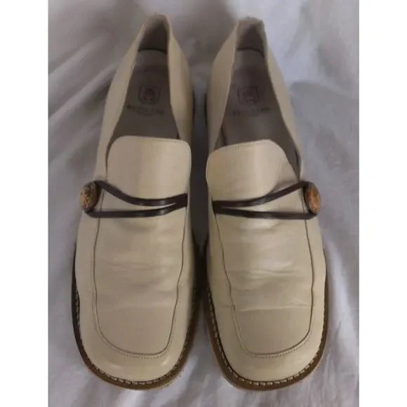 Renouard Plancoet Women's Bone White Tan Wooden Button Loafers Size 41 - US 10.5 - Picture 3 of 9